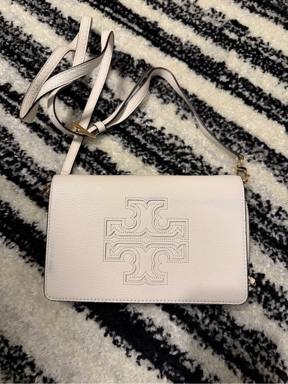 Tory Burch Cream Pebbled Leather Crossbody with Logo